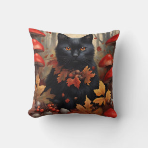 Cute Black Cat in Autumn Forest Cushion