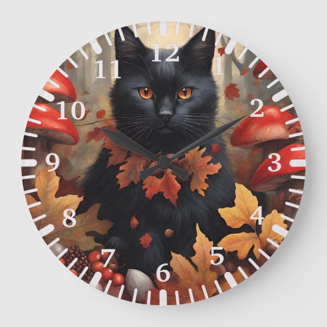 Cute Black Cat in Autumn Forest Large Clock (Front)
