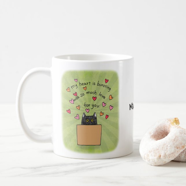 Cute Black Cat In Box Cat Lover Custom Name  Coffee Mug (With Donut)