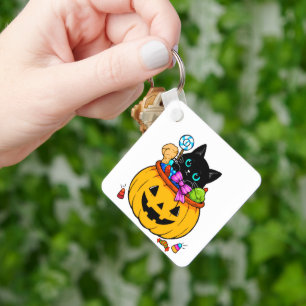 Cute Black Cat in Jack-O'-Lantern Pumpkin Hallowee Key Ring