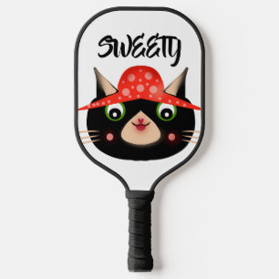 Cute Black Cat in Mushroom Hat Whimsical Pickleball Paddle