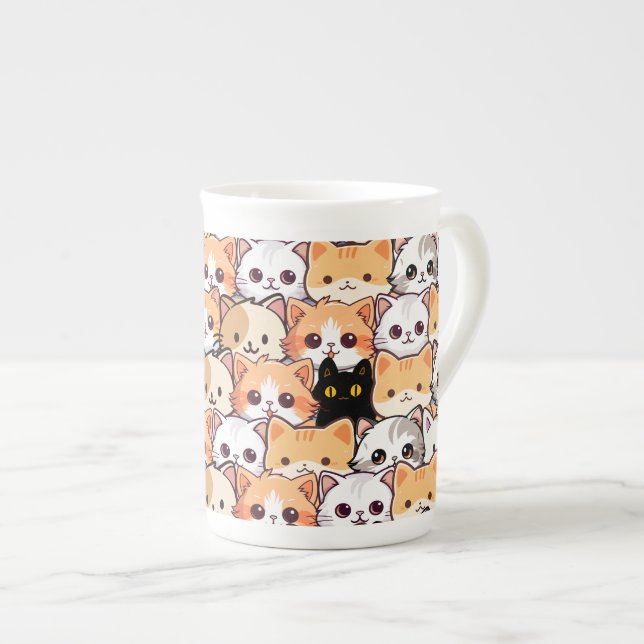 Cute black cat in orange cats pet Seamless Pattern Bone China Mug (Front Right)