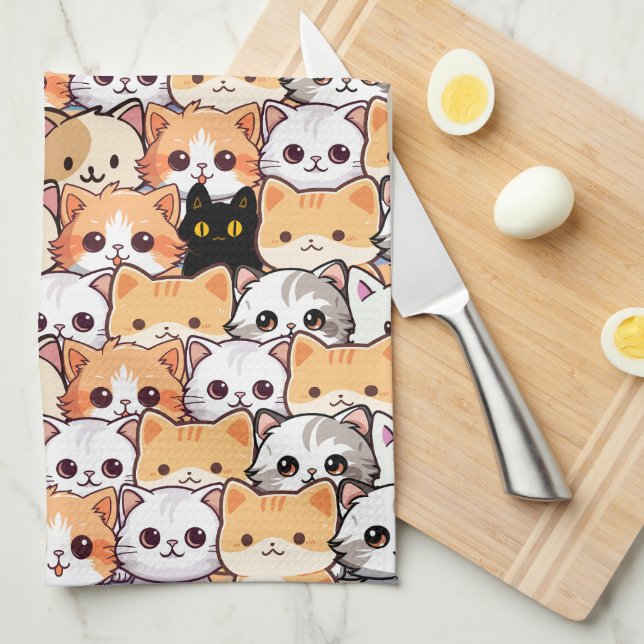 Cute black cat in orange cats pet Seamless Pattern Tea Towel (Quarter Fold)