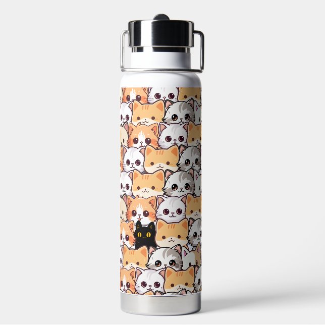 Cute black cat in orange cats pet Seamless Pattern Water Bottle (Back)