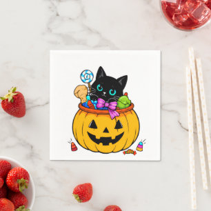 Cute Black Cat in Pumpkin Bucket Halloween Candy D Napkin