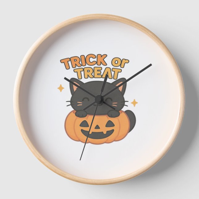 Cute Black Cat in Pumpkin – Trick or Treat Kawaii  Clock (Front)