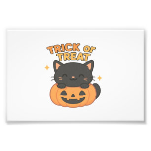 Cute Black Cat in Pumpkin � Trick or Treat Kawaii Photo Print