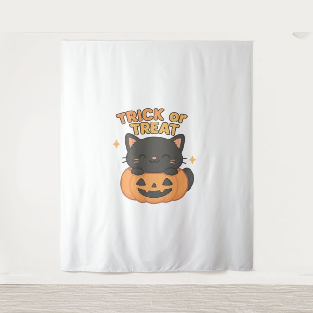 Cute Black Cat in Pumpkin – Trick or Treat Kawaii  Tapestry (Front)