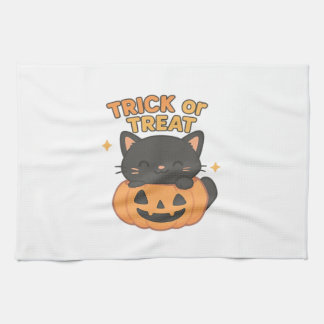 Cute Black Cat in Pumpkin – Trick or Treat Kawaii  Tea Towel
