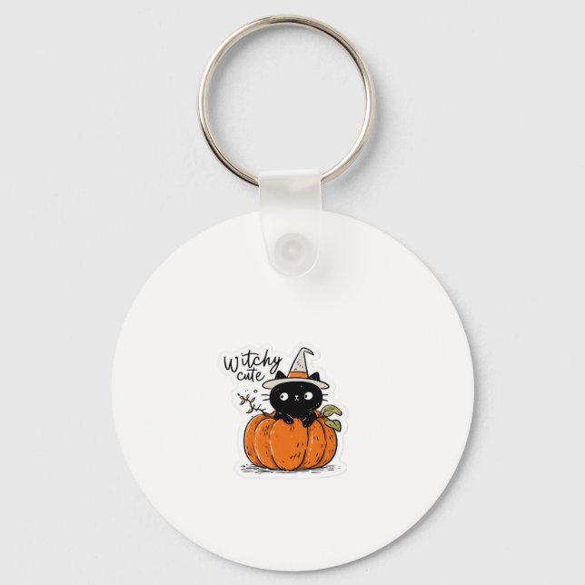 Cute black cat in pumpkin with witch hat Classic T Key Ring (Front)