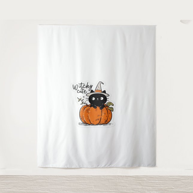 Cute black cat in pumpkin with witch hat Classic T Tapestry (Front)