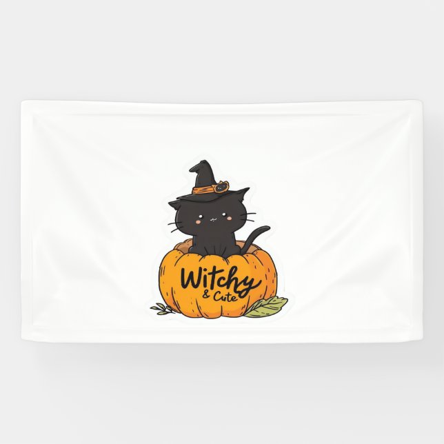 Cute black cat in pumpkin with witch hat, kawaii s banner (Horizontal)