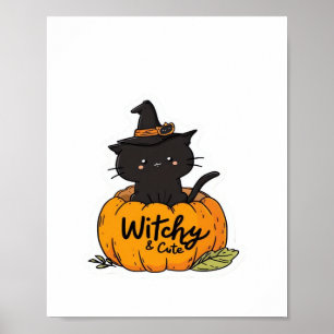 Cute black cat in pumpkin with witch hat, kawaii s poster