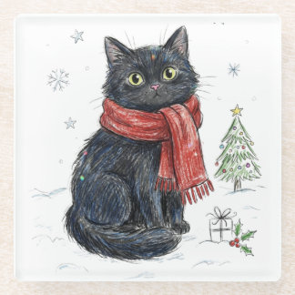 Cute Black Cat in Red Scarf Christmas Tree Winter Glass Coaster