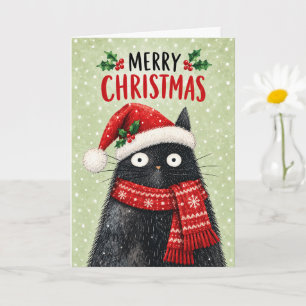 Cute black cat in santa hat & scarf Christmas card