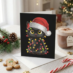 Cute Black Cat in Santa Hat with Christmas Lights Holiday Card