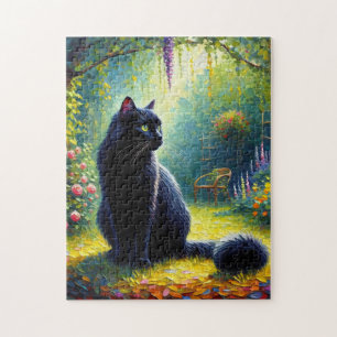Cute Black Cat in the Garden Oil Painting Jigsaw Puzzle