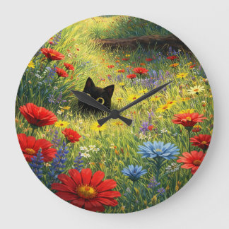 Cute Black Cat in Wildflower Meadow Wall Clock