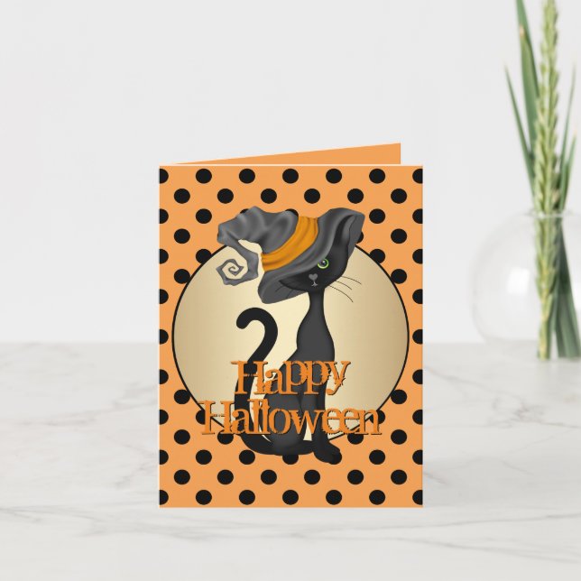 Cute Black Cat in Witch Hat Happy Halloween Card (Front)