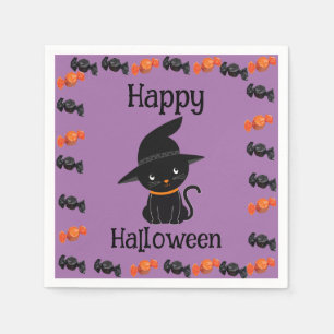 Cute Black Cat in Witch Hat Happy Halloween Purple Napkin