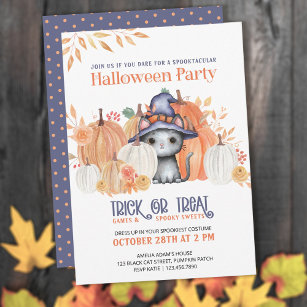 Cute Black Cat in Witch Hat Kids Halloween Party Invitation