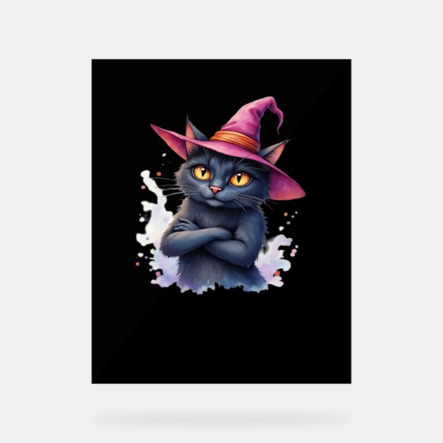 Cute Black Cat in Witch Hat – Magical Halloween Ar Acrylic Sign (Front)