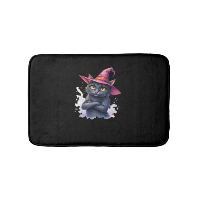 Cute Black Cat in Witch Hat – Magical Halloween Ar Bath Mat (Front)
