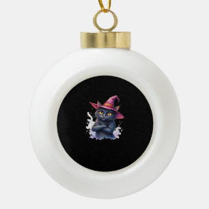 Cute Black Cat in Witch Hat – Magical Halloween Ar Ceramic Ball Christmas Ornament