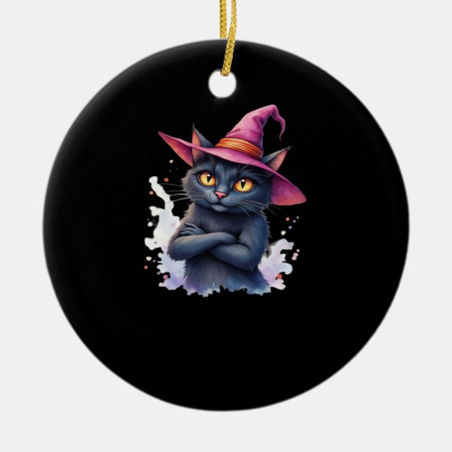 Cute Black Cat in Witch Hat � Magical Halloween Ar Ceramic Ornament (Front)