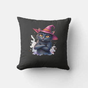 Cute Black Cat in Witch Hat � Magical Halloween Ar Cushion