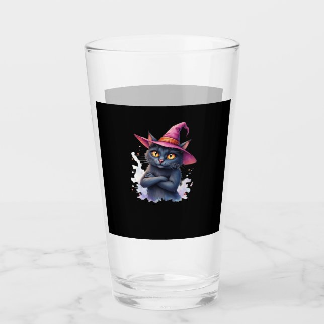 Cute Black Cat in Witch Hat � Magical Halloween Ar Glass (Front)