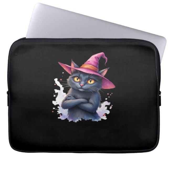 Cute Black Cat in Witch Hat – Magical Halloween Ar Laptop Sleeve (Front)