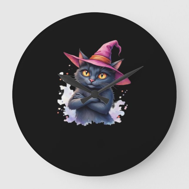 Cute Black Cat in Witch Hat – Magical Halloween Ar Large Clock (Front)