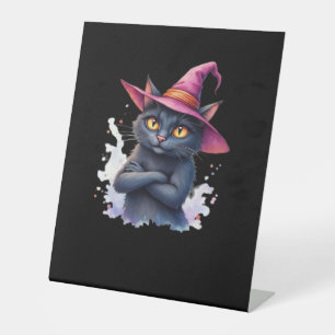 Cute Black Cat in Witch Hat – Magical Halloween Ar Pedestal Sign