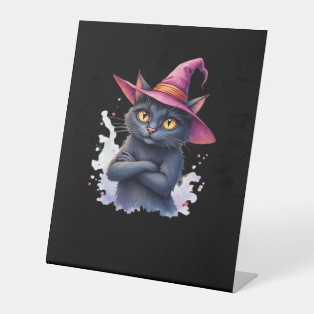 Cute Black Cat in Witch Hat – Magical Halloween Ar Pedestal Sign (Front)