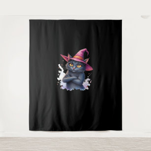 Cute Black Cat in Witch Hat – Magical Halloween Ar Tapestry