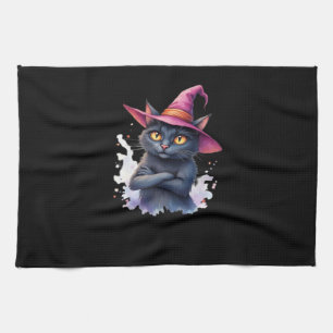 Cute Black Cat in Witch Hat � Magical Halloween Ar Tea Towel