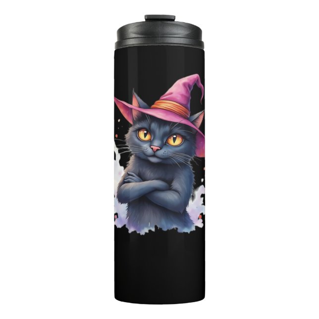 Cute Black Cat in Witch Hat – Magical Halloween Ar Thermal Tumbler (Front)