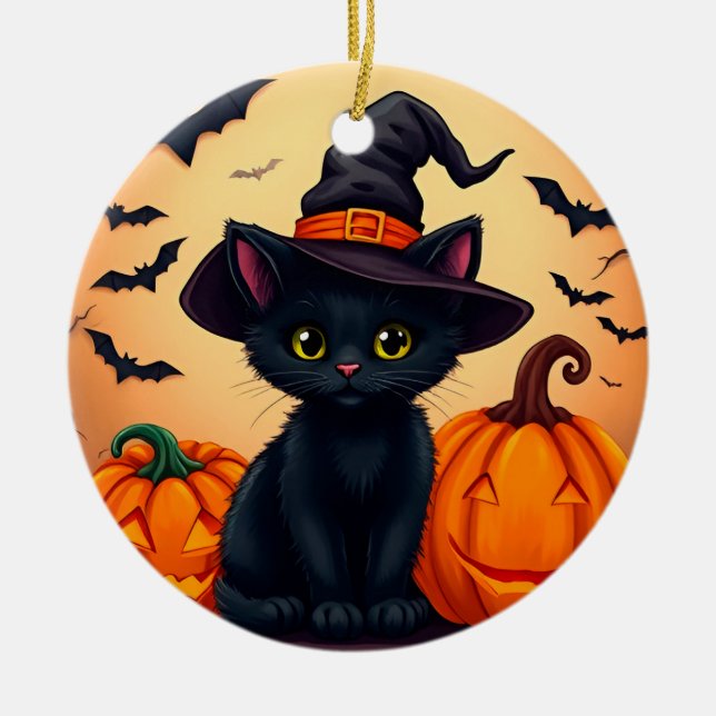 Cute Black Cat in Witch Hat Surrounded by Pumpkins Ceramic Ornament (Front)