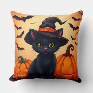 Cute Black Cat in Witch Hat Surrounded by Pumpkins Cushion