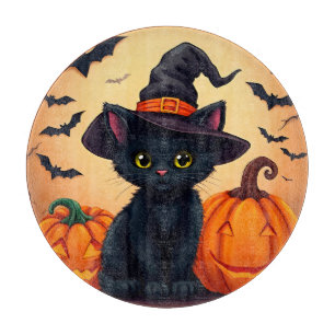 Cute Black Cat in Witch Hat Surrounded by Pumpkins Cutting Board