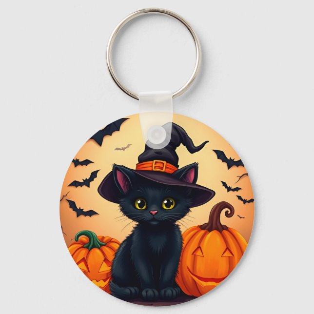 Cute Black Cat in Witch Hat Surrounded by Pumpkins Key Ring (Front)