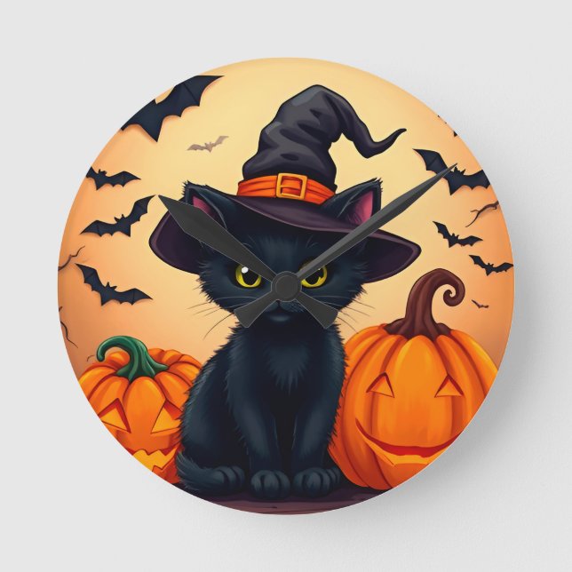 Cute Black Cat in Witch Hat Surrounded by Pumpkins Round Clock (Front)