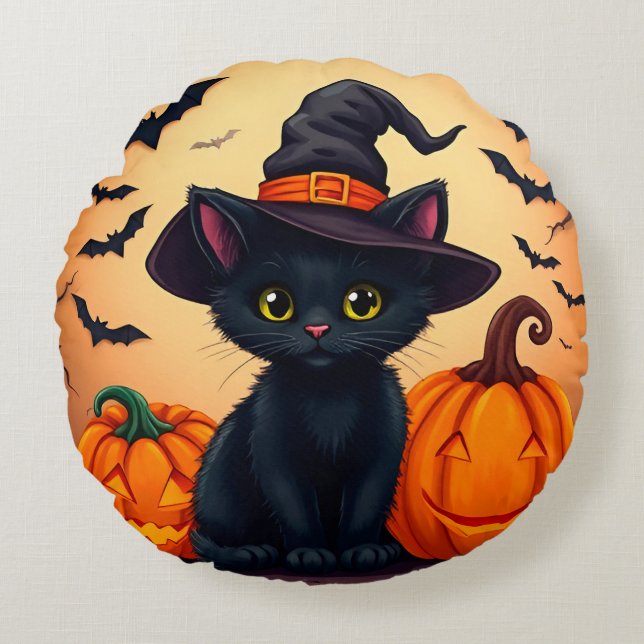 Cute Black Cat in Witch Hat Surrounded by Pumpkins Round Cushion (Front)