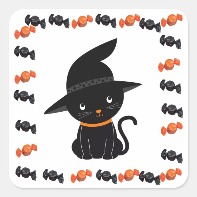 Cute Black Cat in Witch's Hat with Halloween Candy Square Sticker (Front)