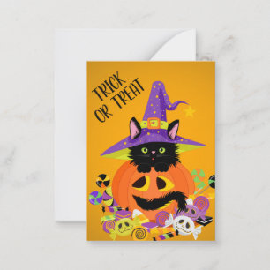 Cute Black Cat Jack o Lantern Hat Trick Treat Card