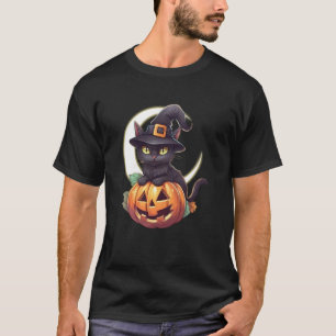 Cute Black Cat Jack O'Lantern Pumpkin Moon Hallowe T-Shirt