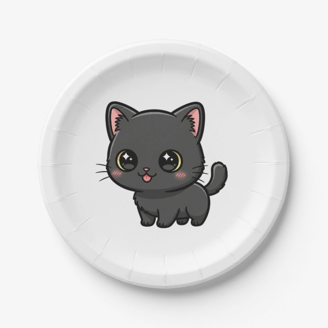 Cute Black Cat Kawaii Paper Plate (Front)