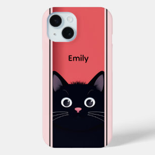 Cute Black Cat Kitten Modern Personalized Name iPhone 15 Case