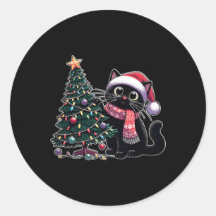 Cute Black Cat Kitten Santa Hat Christmas Tree Xma Classic Round Sticker